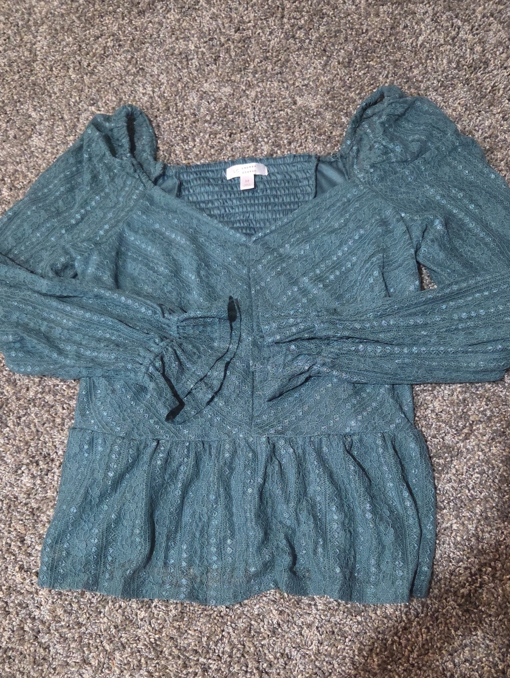 LC Lauren Conrad Teal Lace Peplum Long Sleeve Blouse